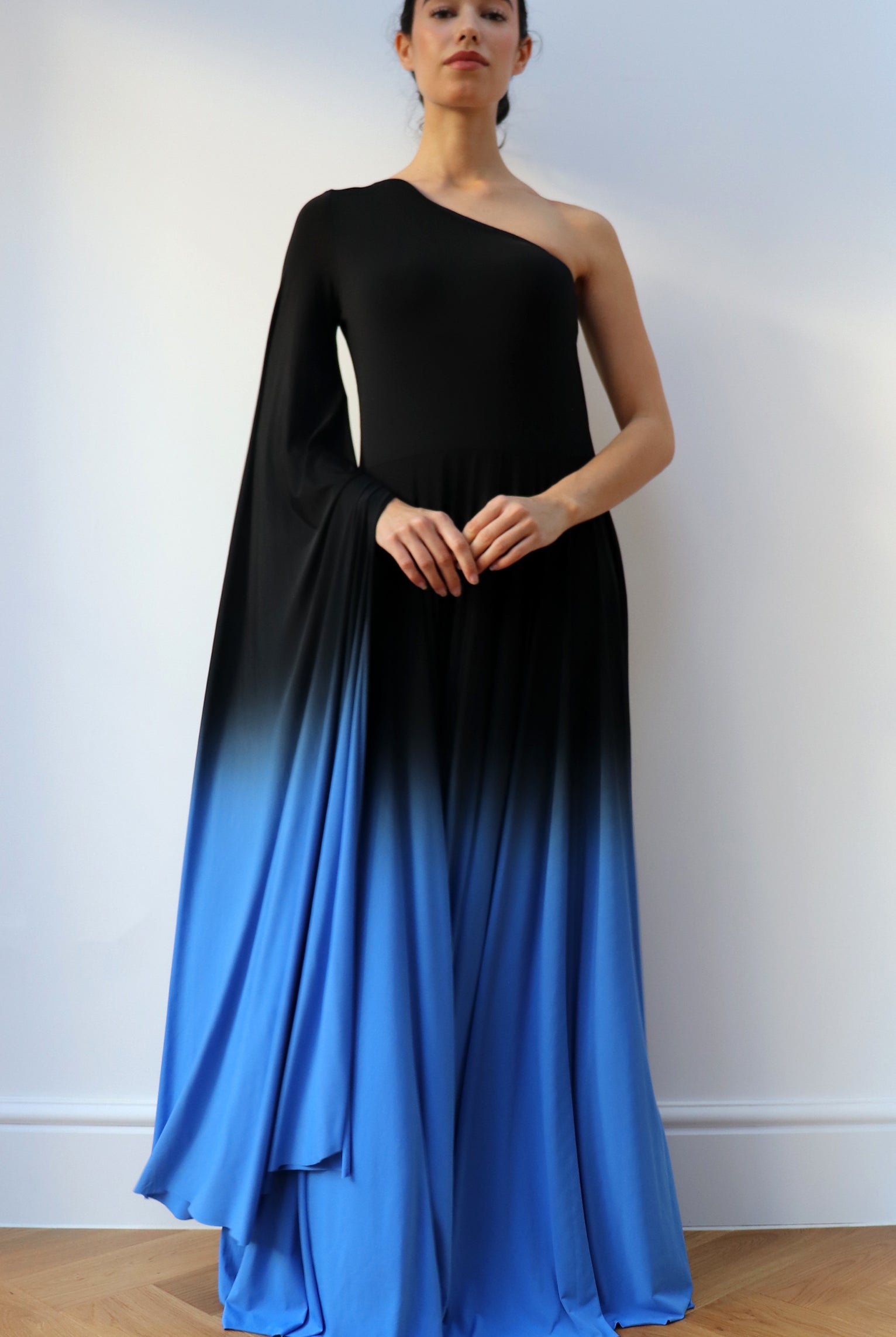 one shoulder Ombre Gown Black Blue