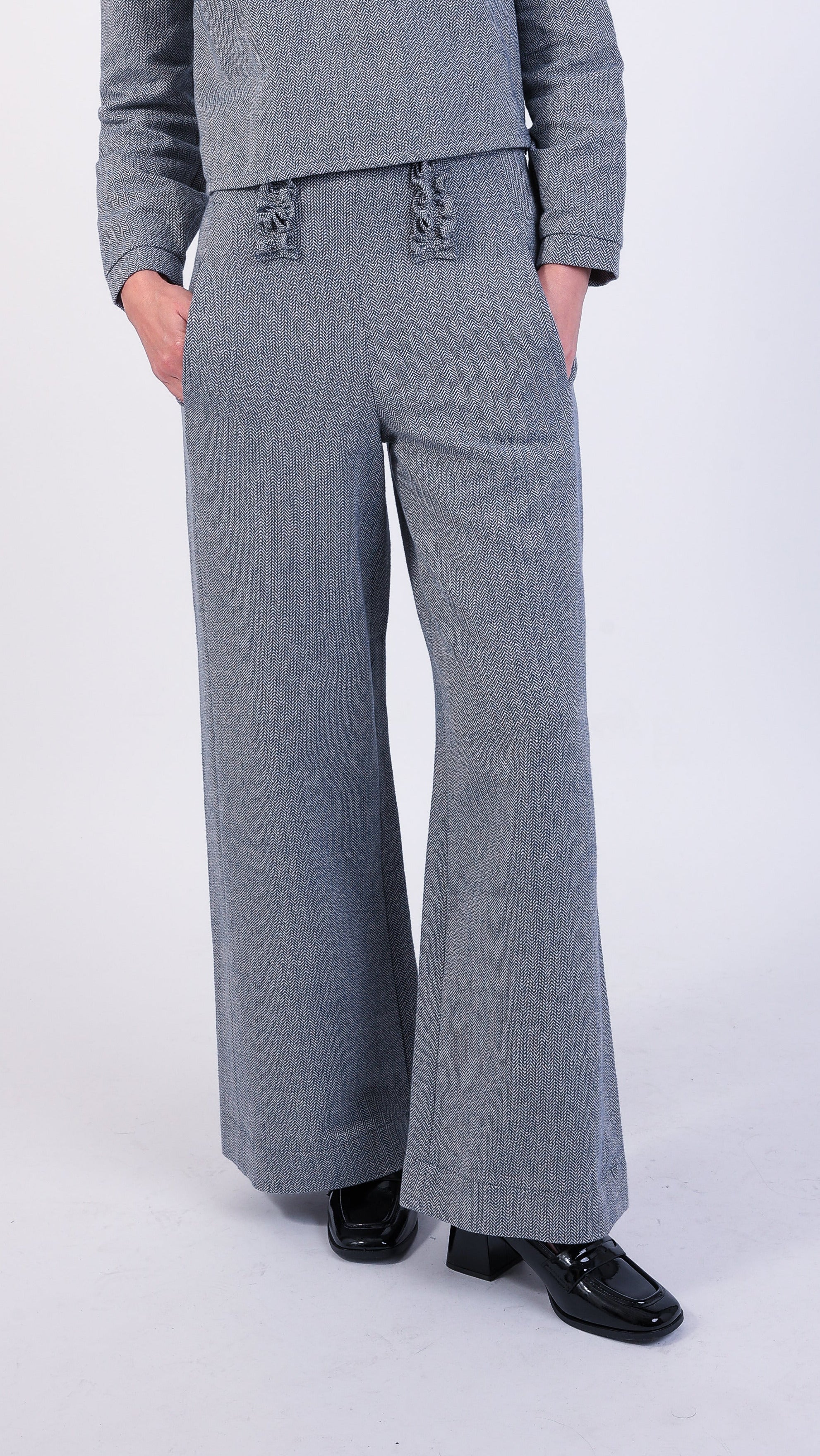 blue grey Herringbone Cotton Ruffle high waisted trouser 