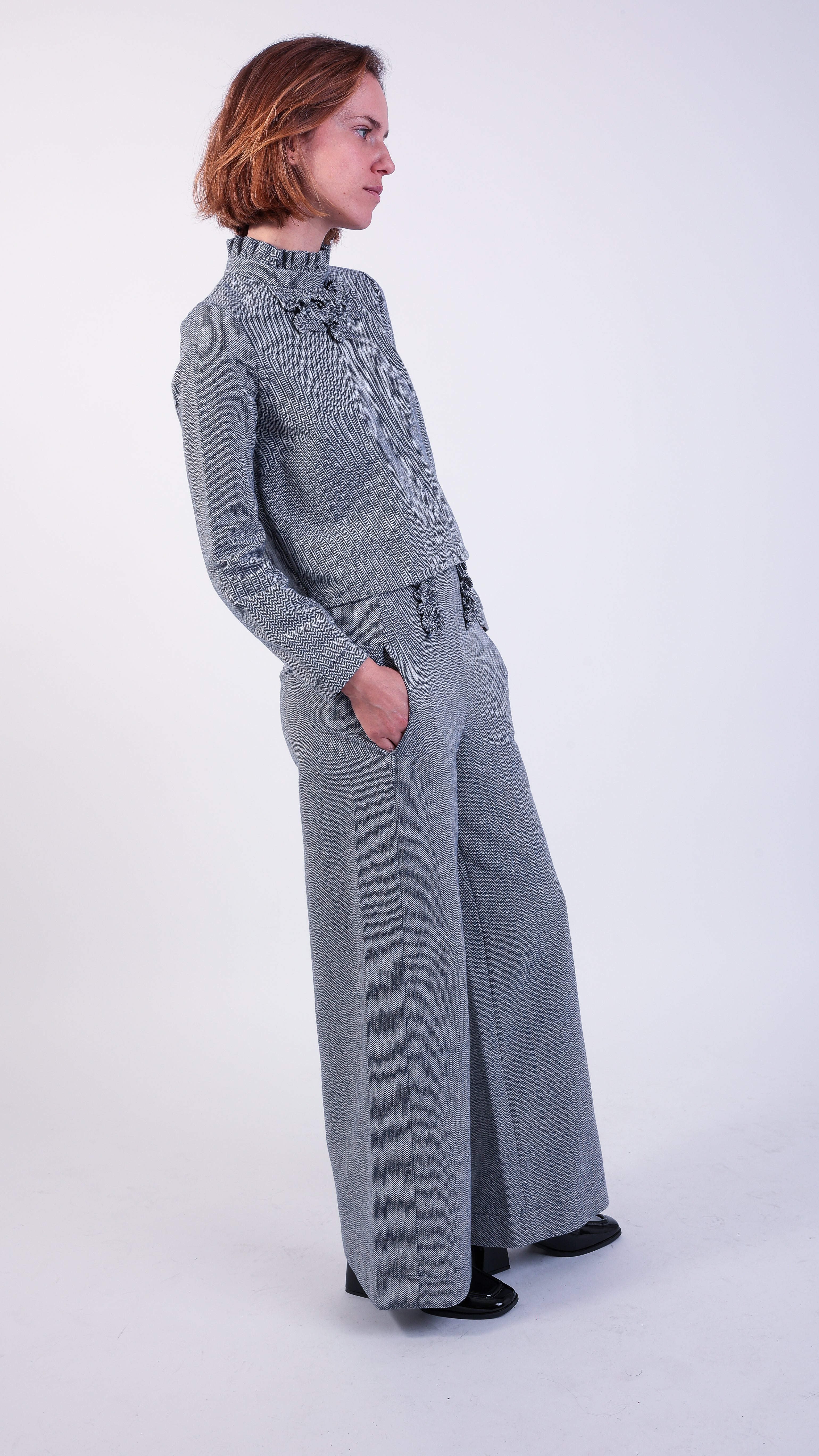 blue grey Herringbone Cotton Ruffle high waisted trouser 