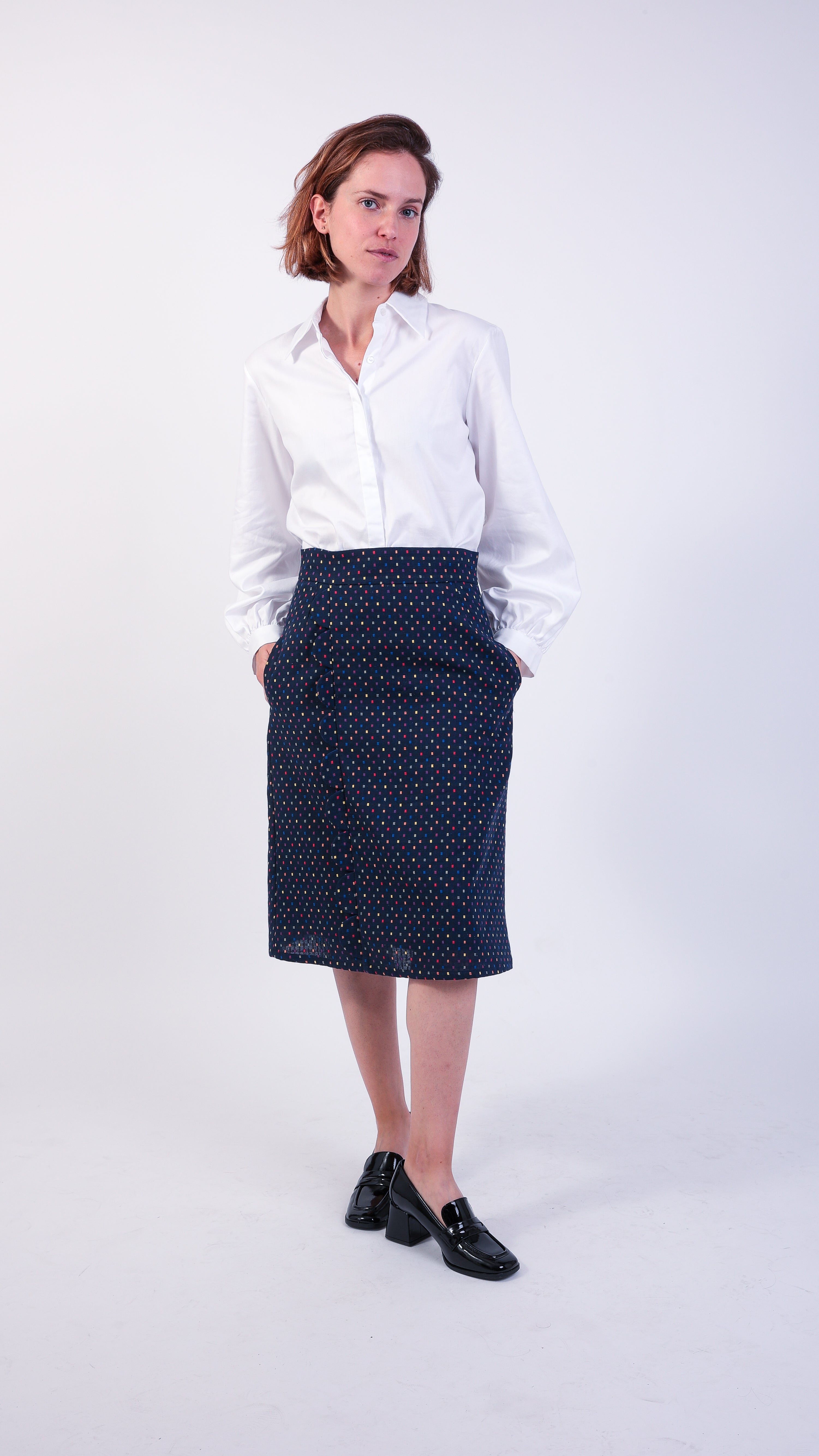 Scallop Check Wool navy multi coloured a-line midi Skirt 