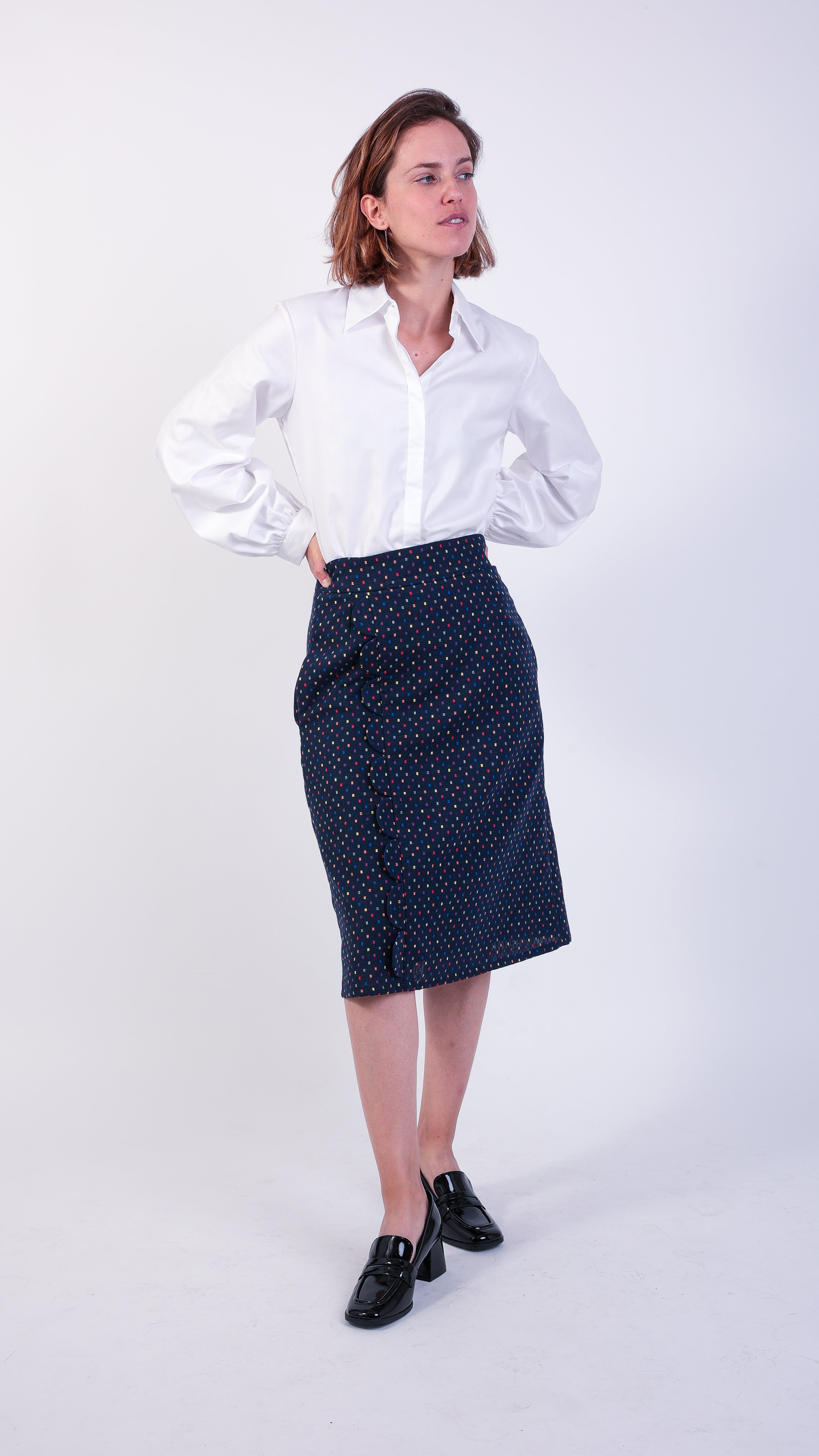 Scallop Check Wool navy multi coloured a-line midi Skirt 