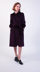 Woman wearing Aubergine corduroy shirt dress