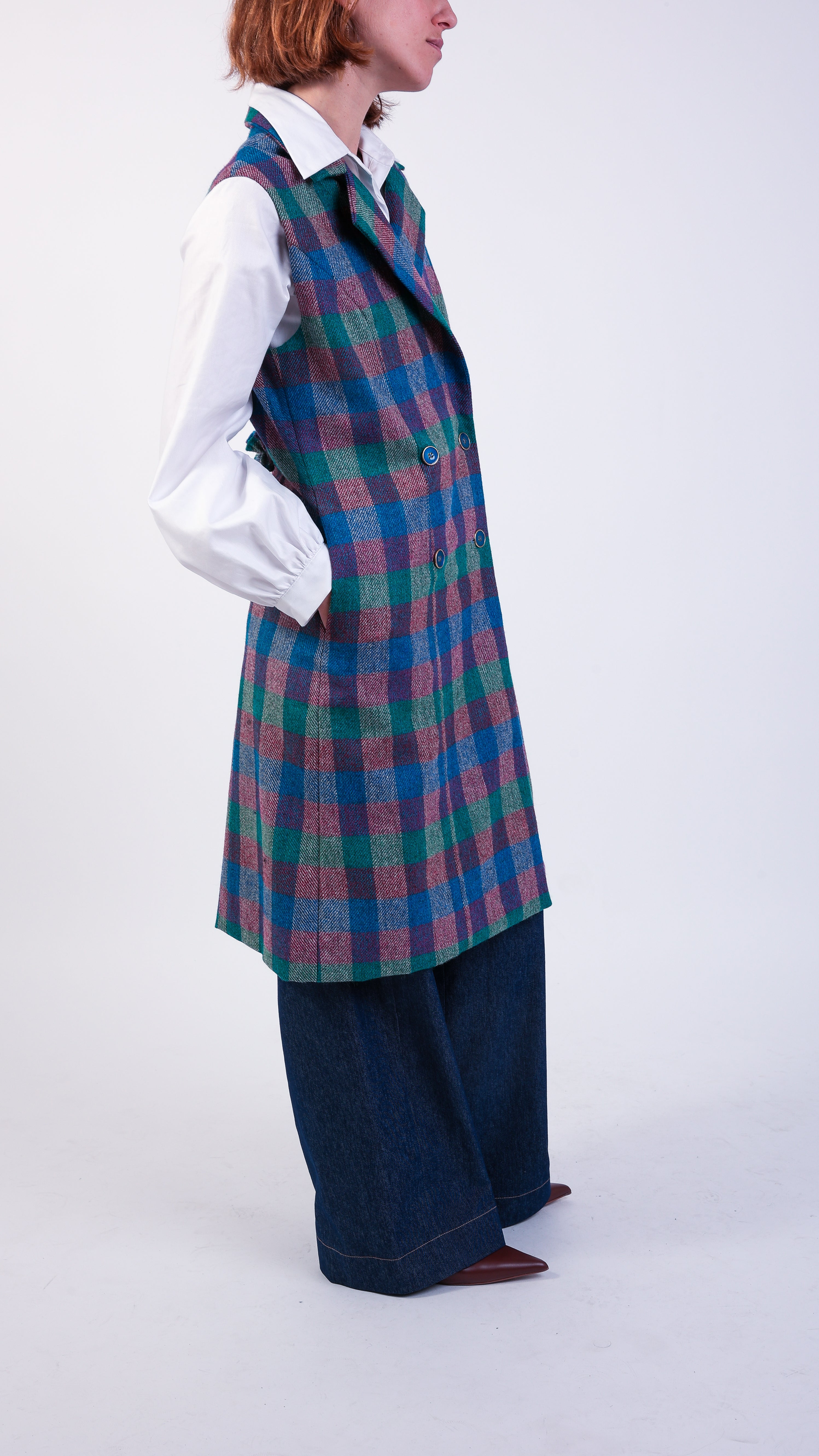 Checked wool Multicolour Ruffle Double-breasted Gilet Teal Pink