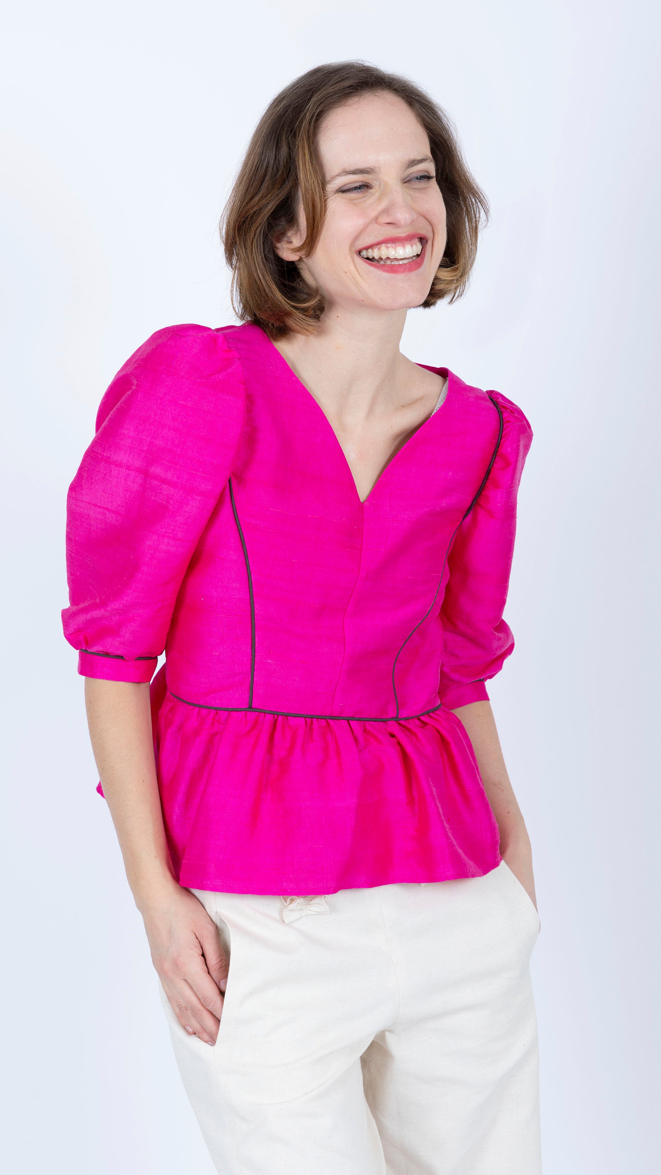 silk Fuchsia Peplum top brown piping