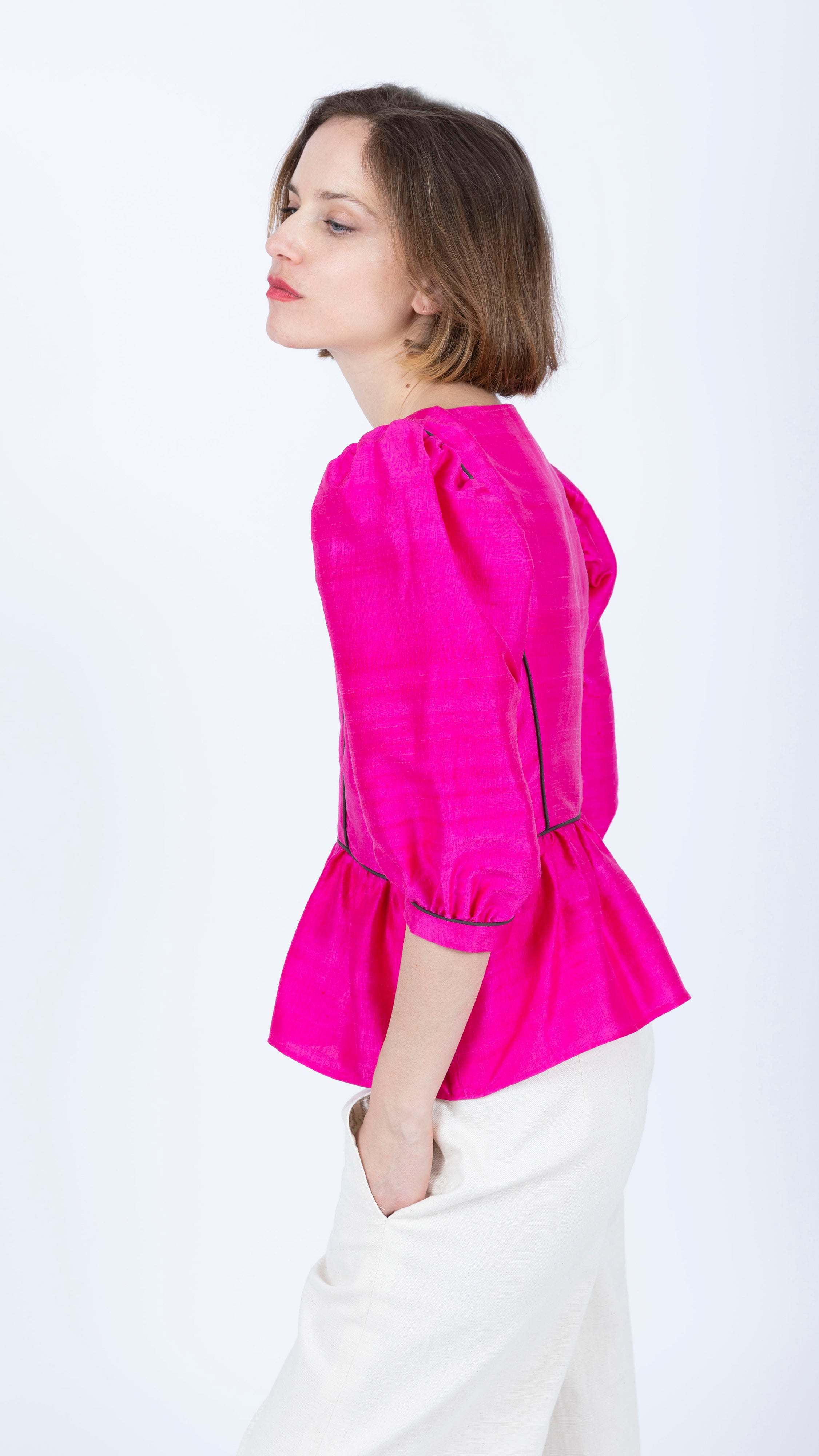 silk Fuchsia Peplum top brown piping