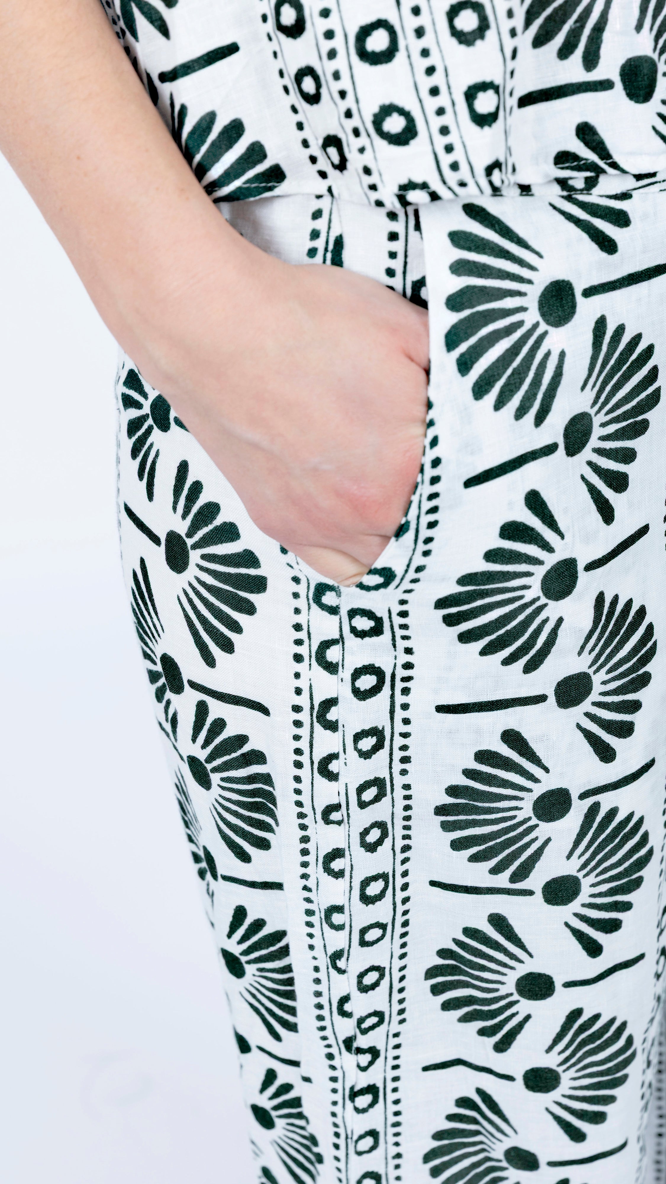 Geometric Floral green white Print Linen Pants