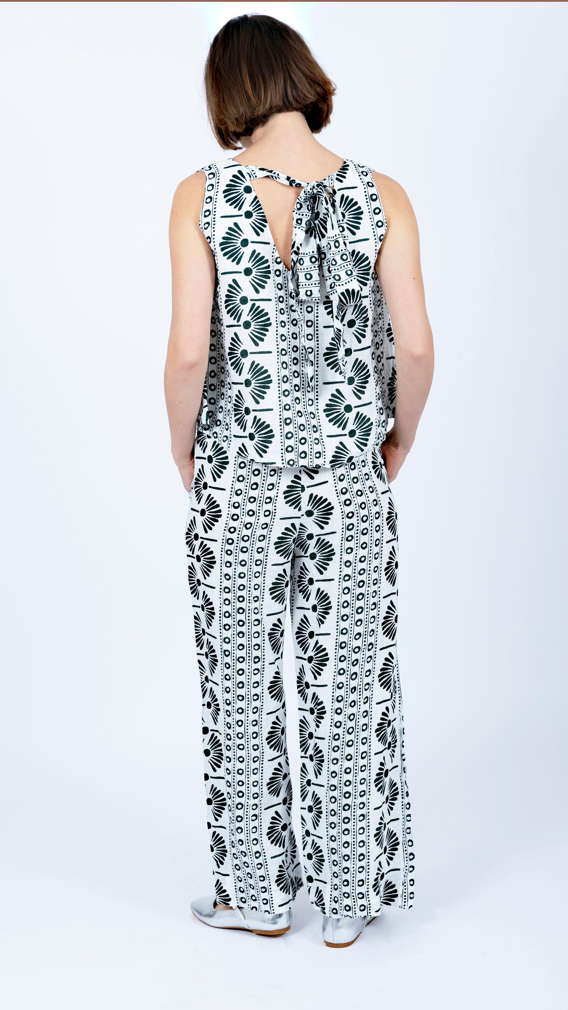 Geometric Floral green white Print Linen Pants