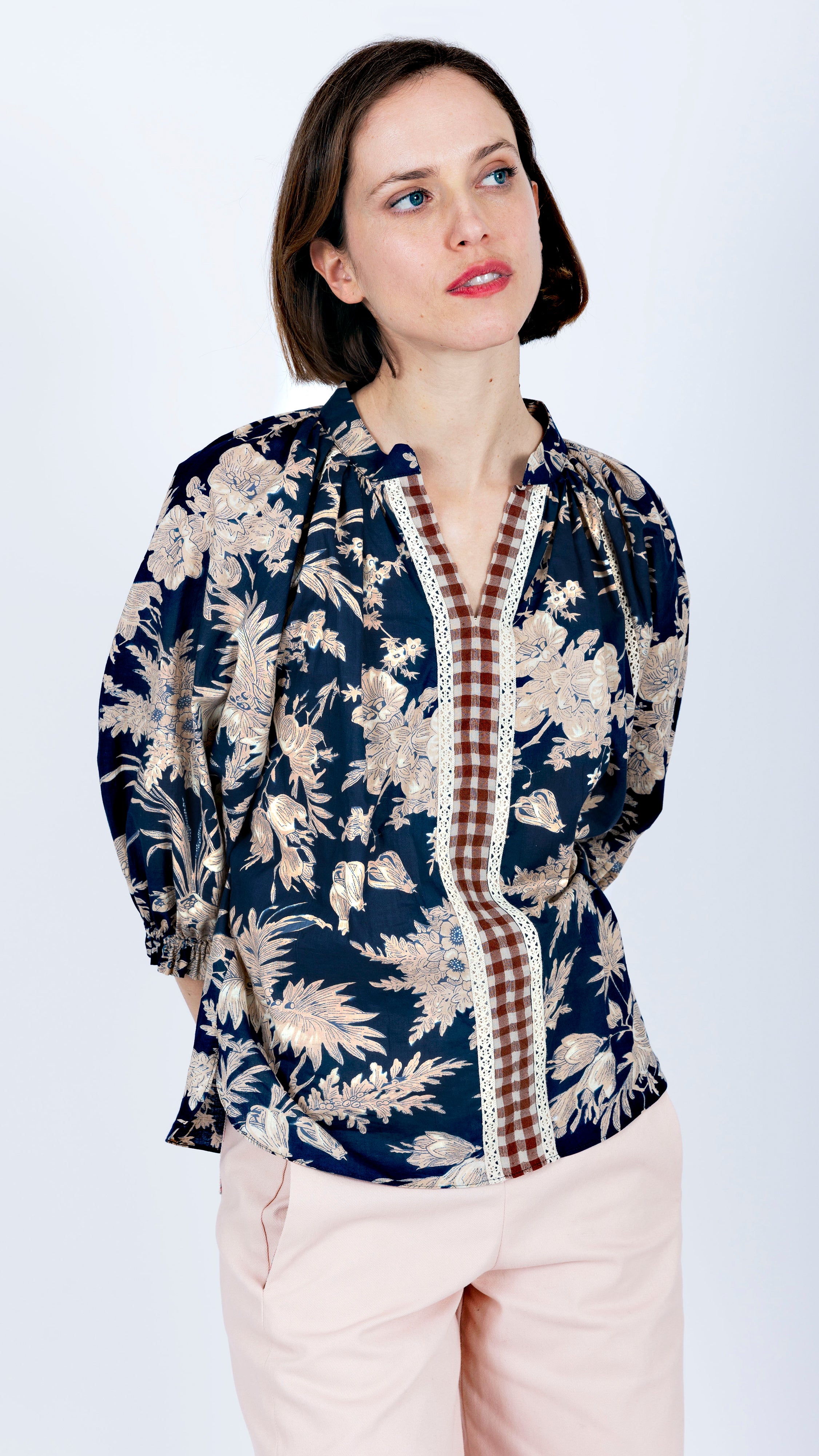 Kaftan Cotton Top Floral Print Gingham