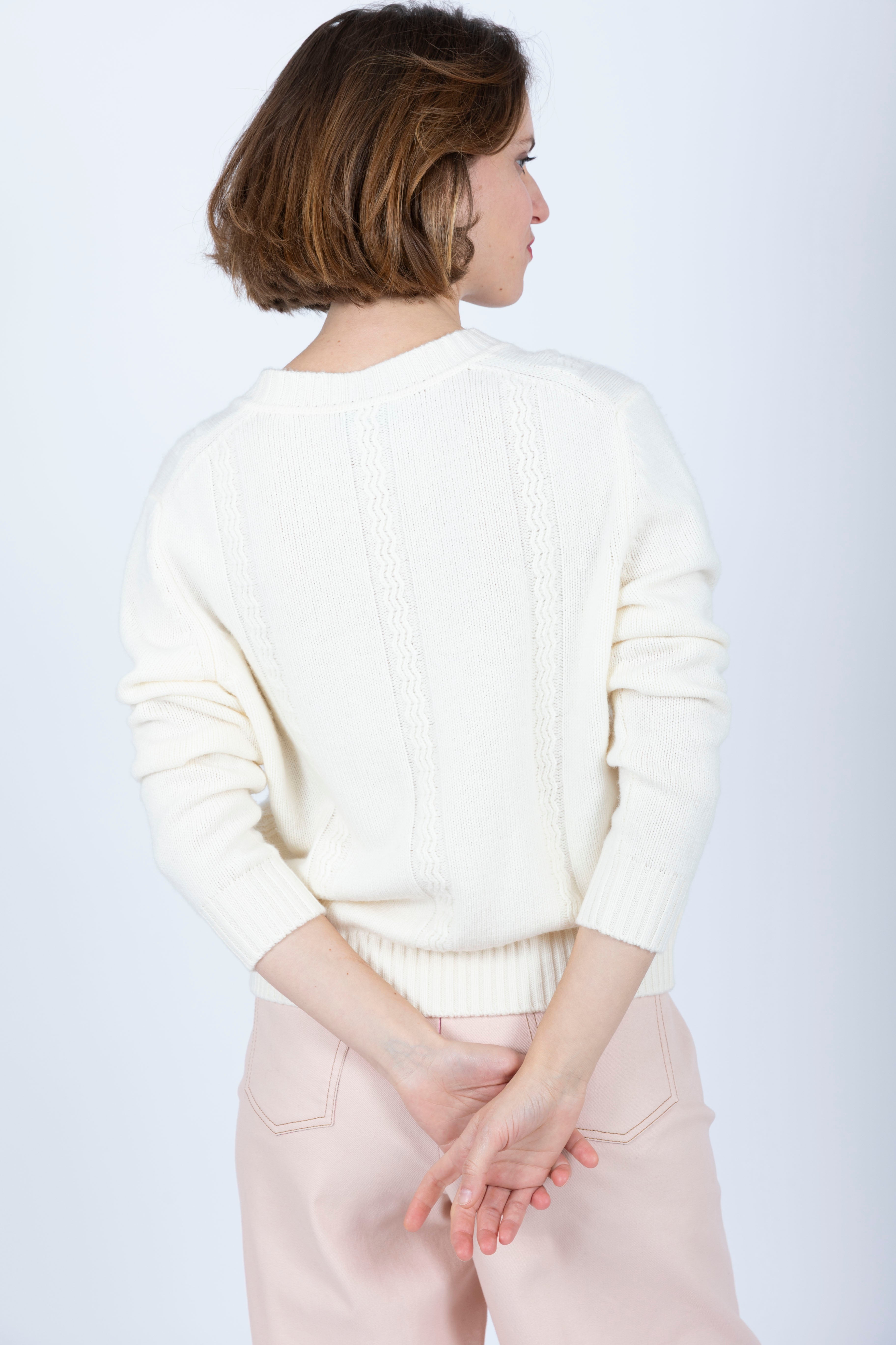 Wave Cable Knit merino wool Cardigan Ivory