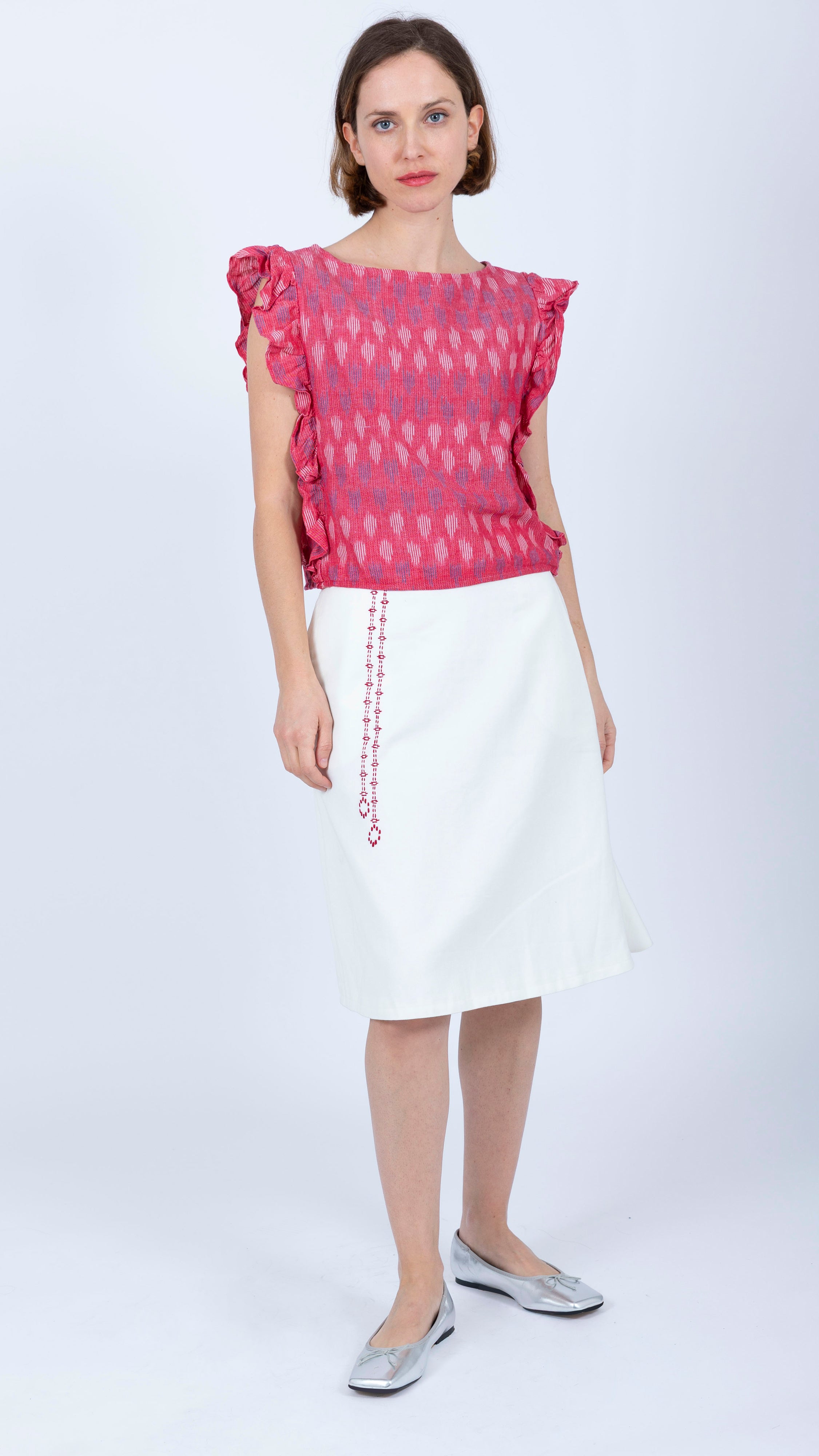 cotton red white blue Ikat Ruffle Top