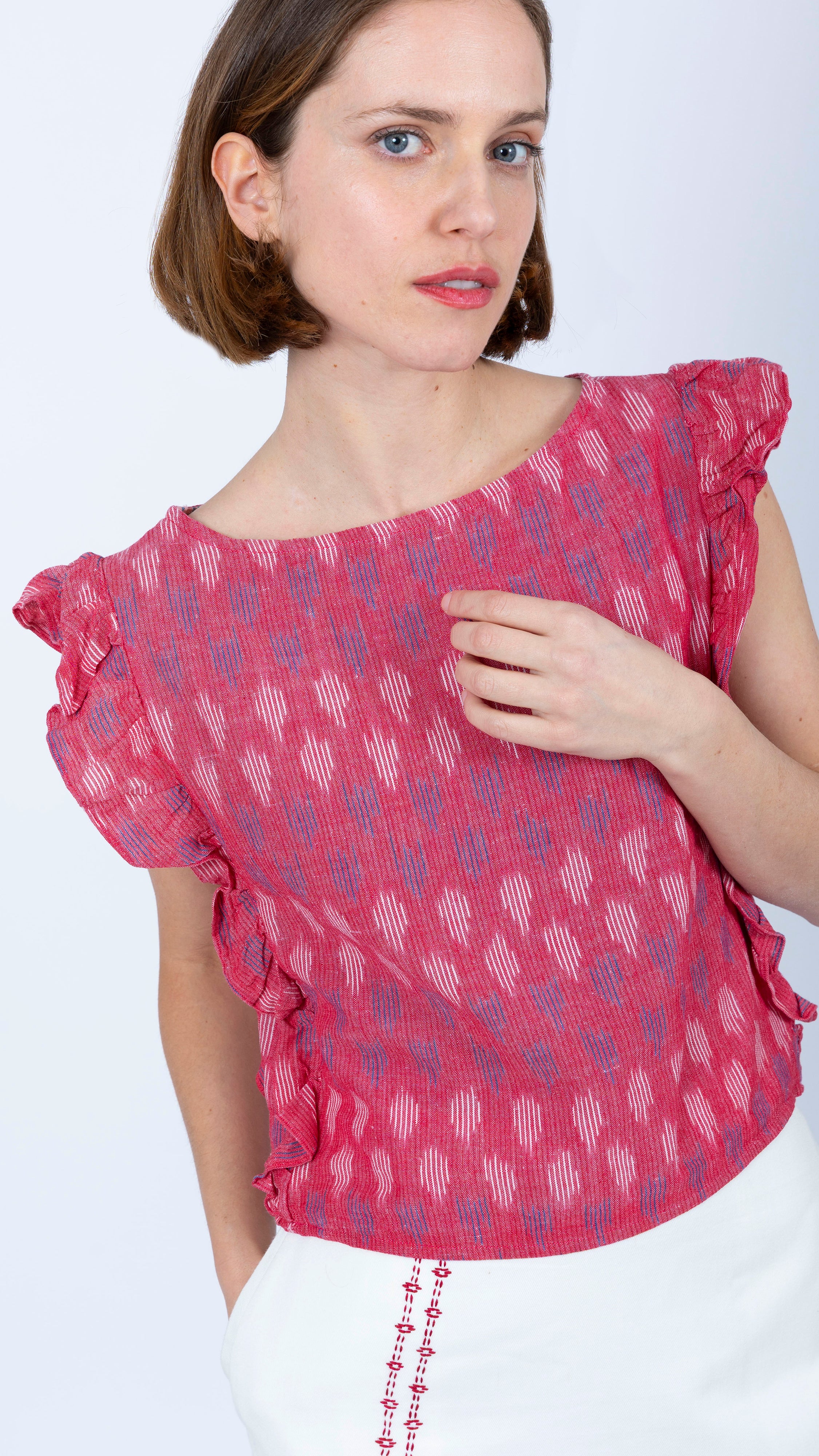 cotton red white blue Ikat Ruffle Top