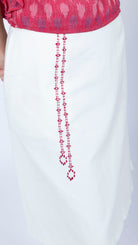 white embroidered denim midi skirt