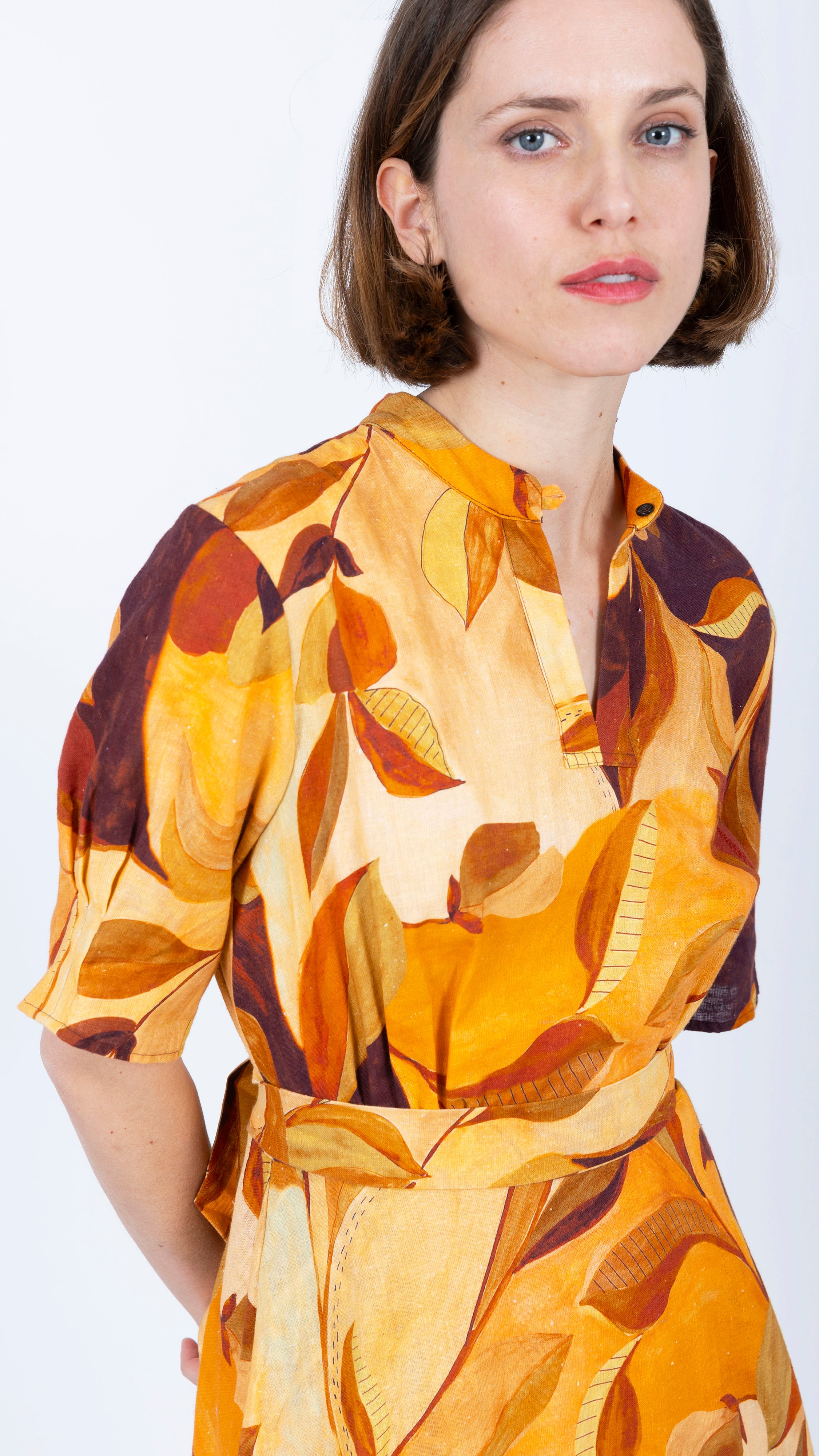 mustard brown midi linen dress