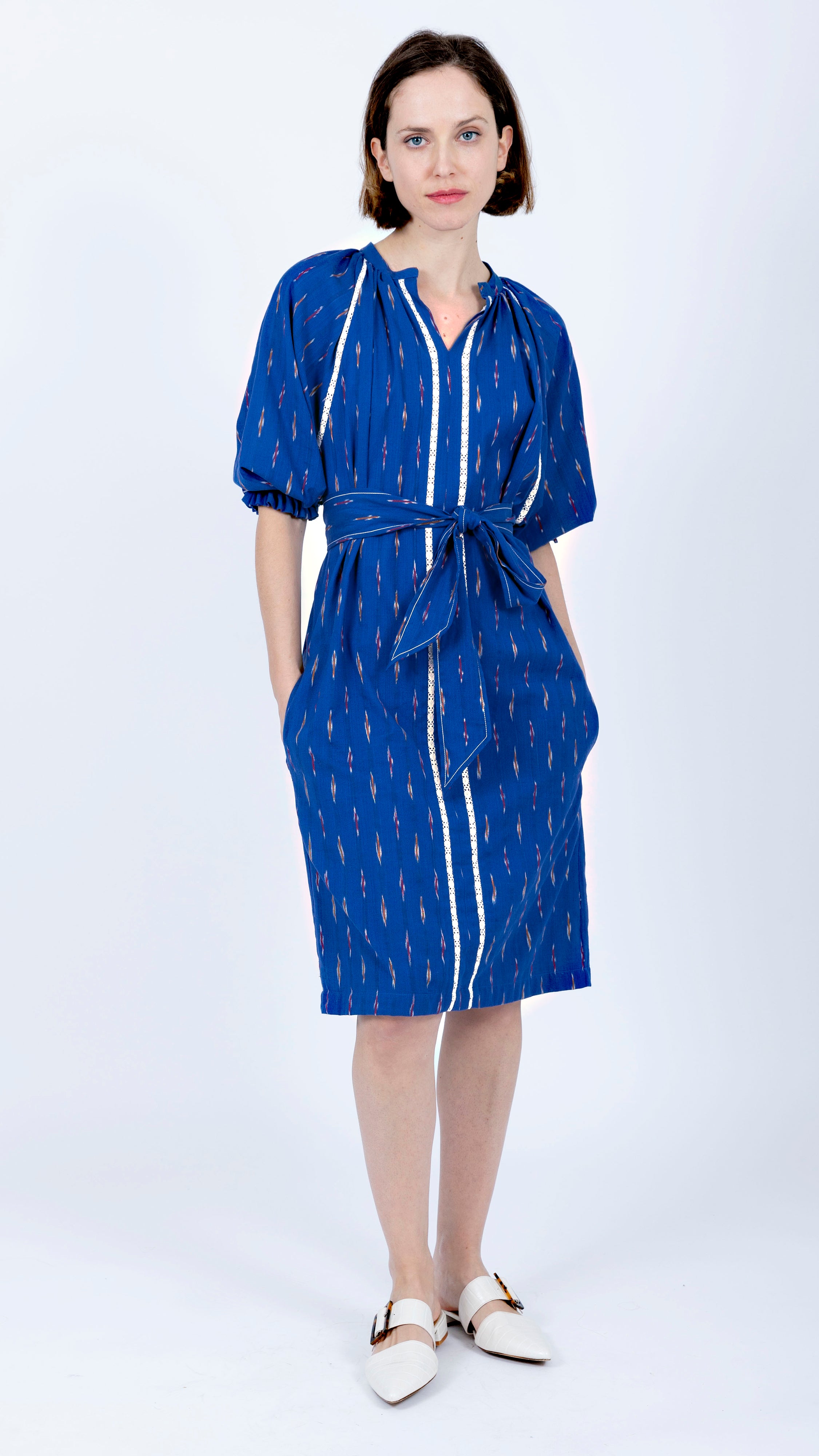 blue white Kaftan Cotton Midi Dress tie waist crochet lace 