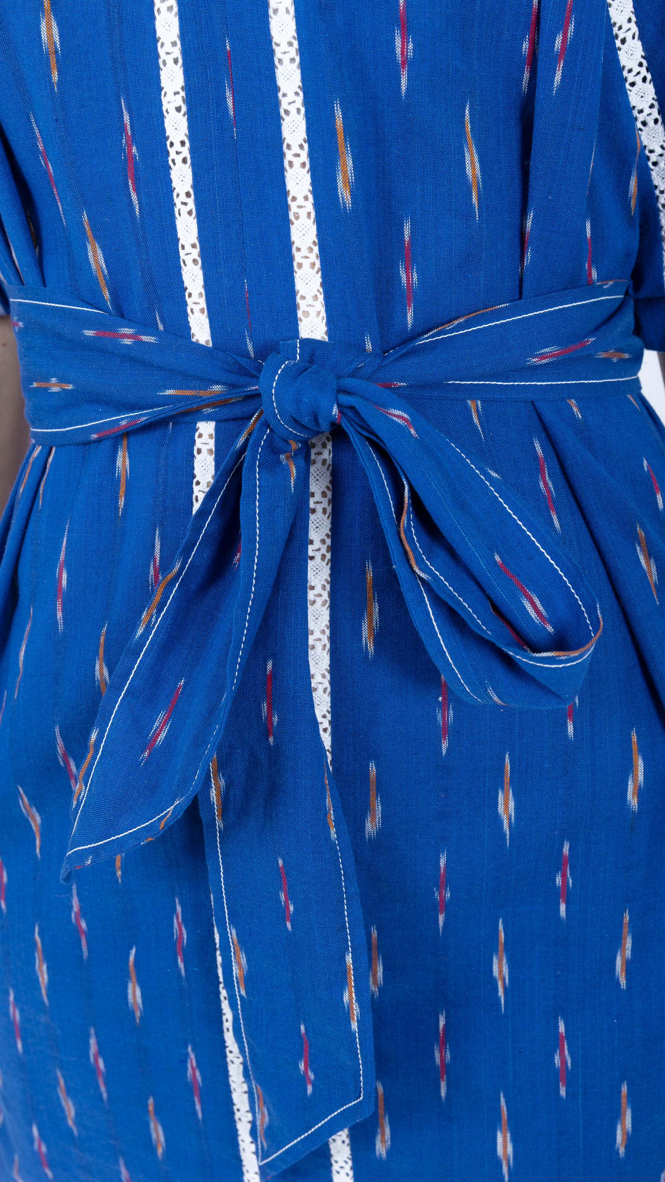 blue white Kaftan Cotton Midi Dress tie waist crochet lace 