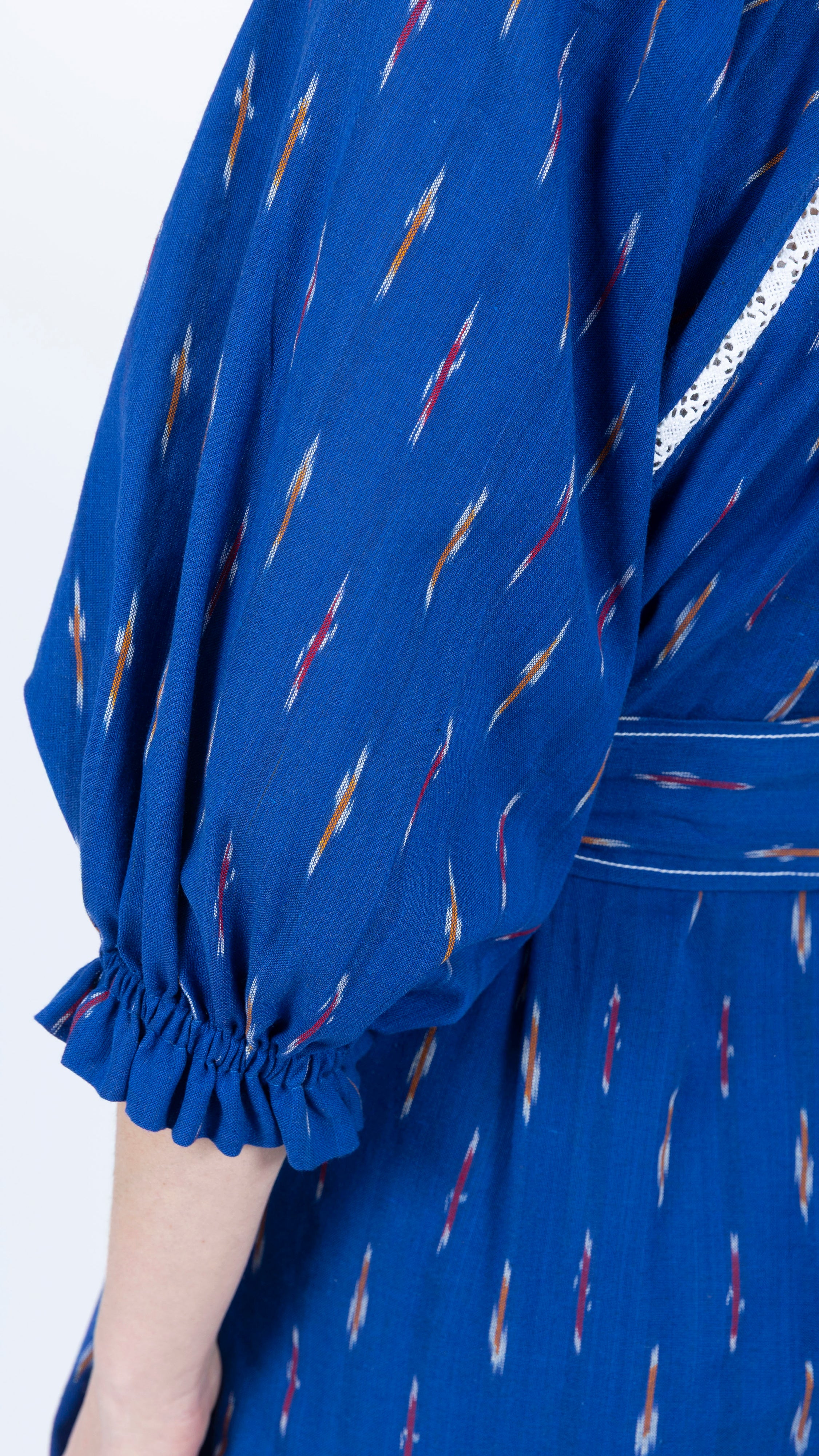 blue white Kaftan Cotton Midi Dress tie waist crochet lace 