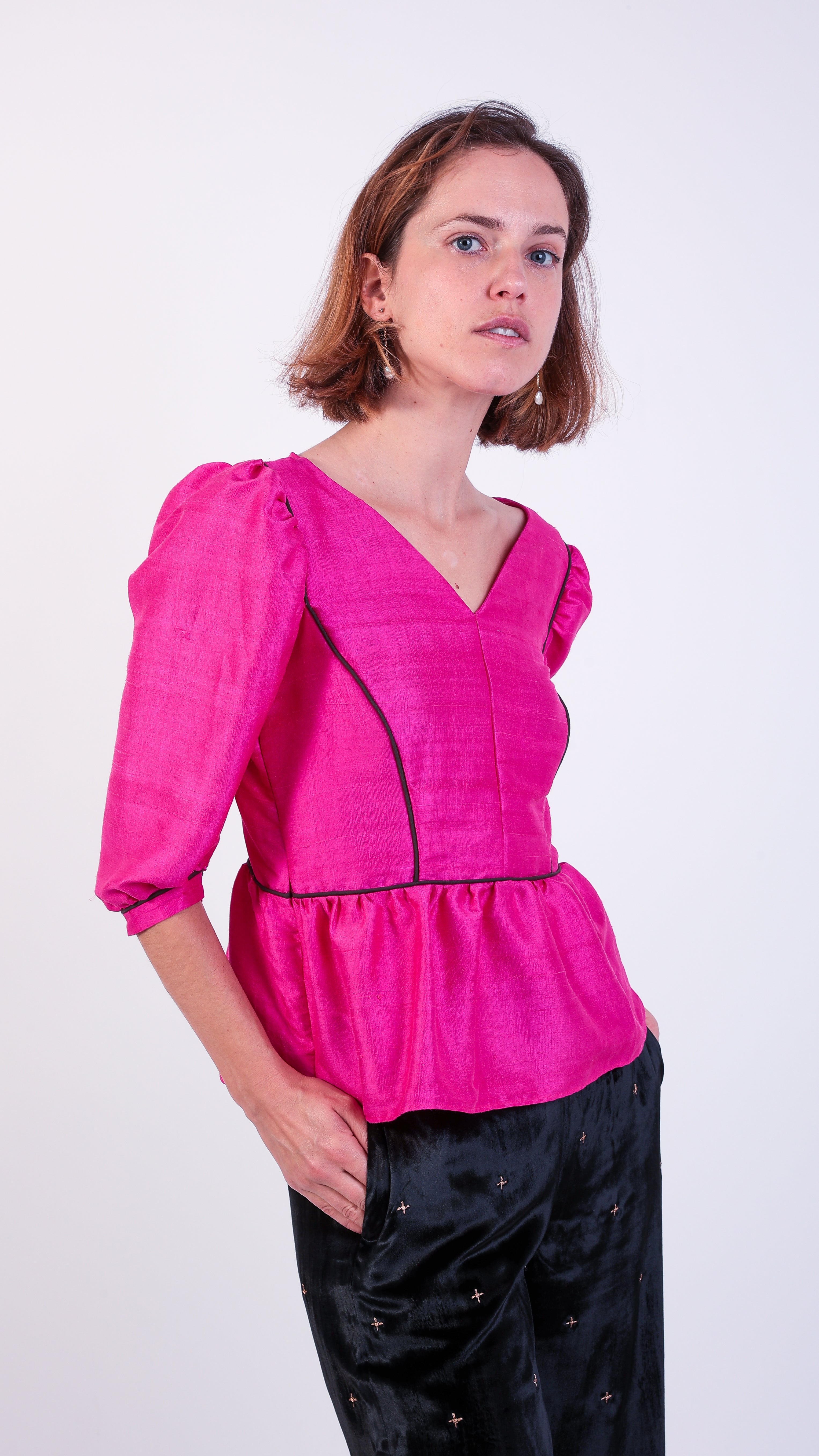 Peplum silk top on sale