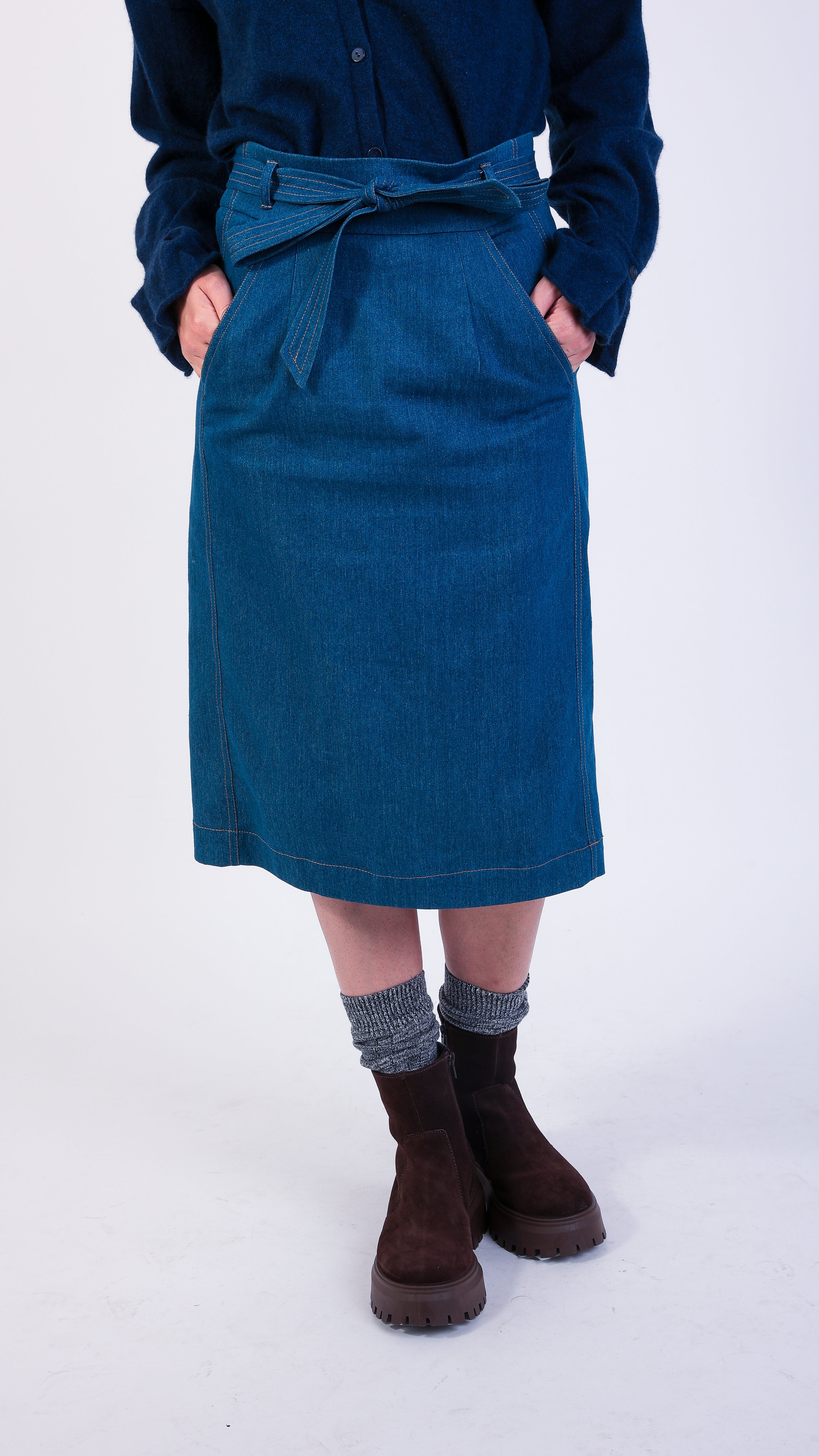 Denim Stretch Skirt tie waist ruffled pocket 