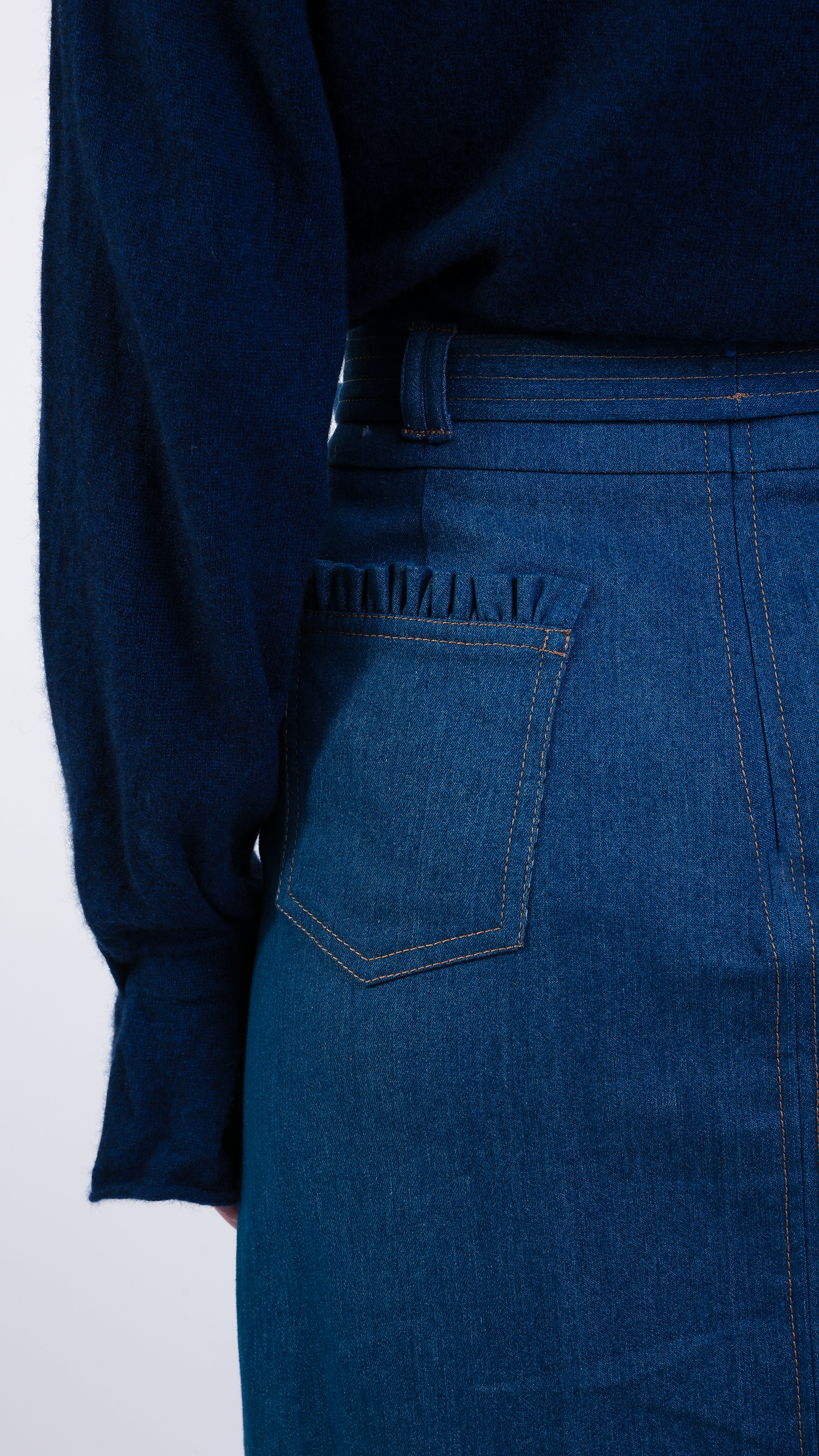 Denim Stretch Skirt tie waist ruffled pocket 