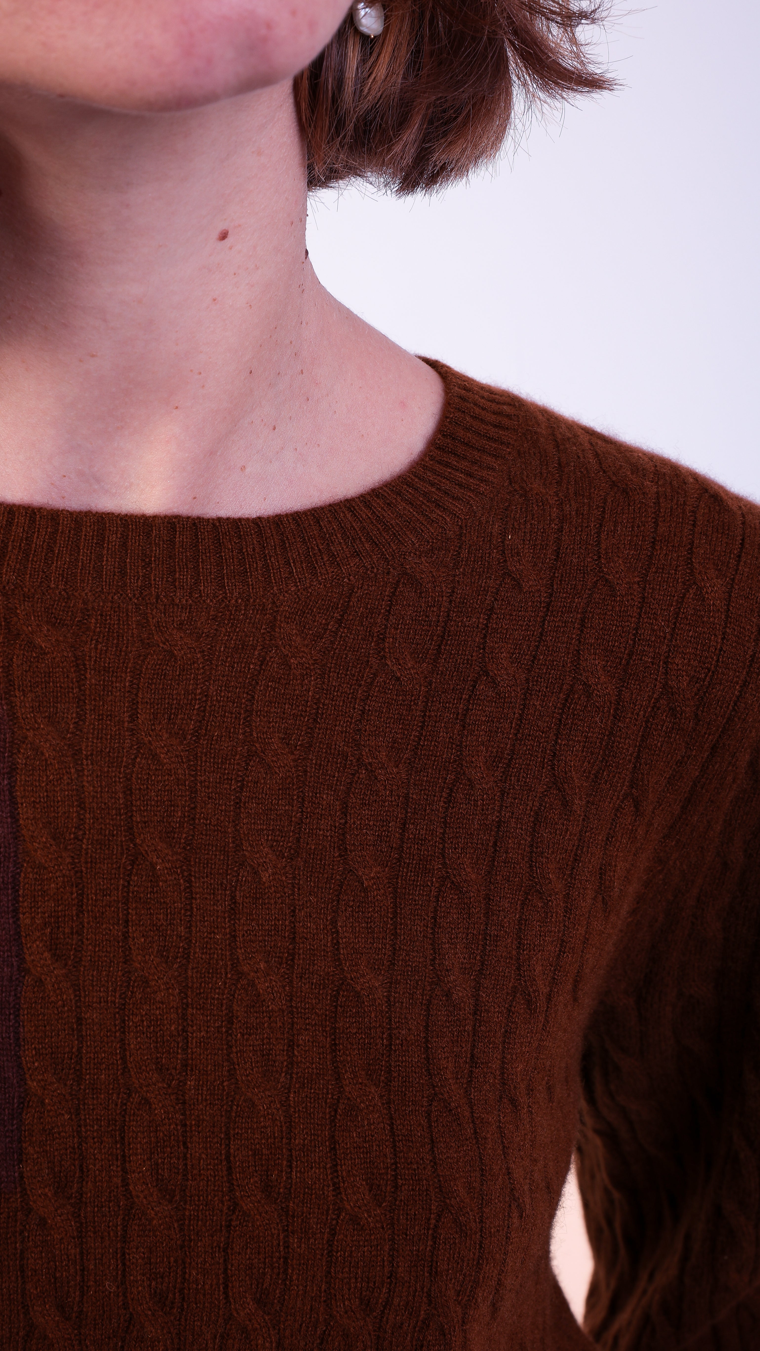 woman wearing VAAI brown cable Knit Balloon Sleeve Jumper