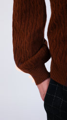 woman wearing VAAI brown cable Knit Balloon Sleeve Jumper