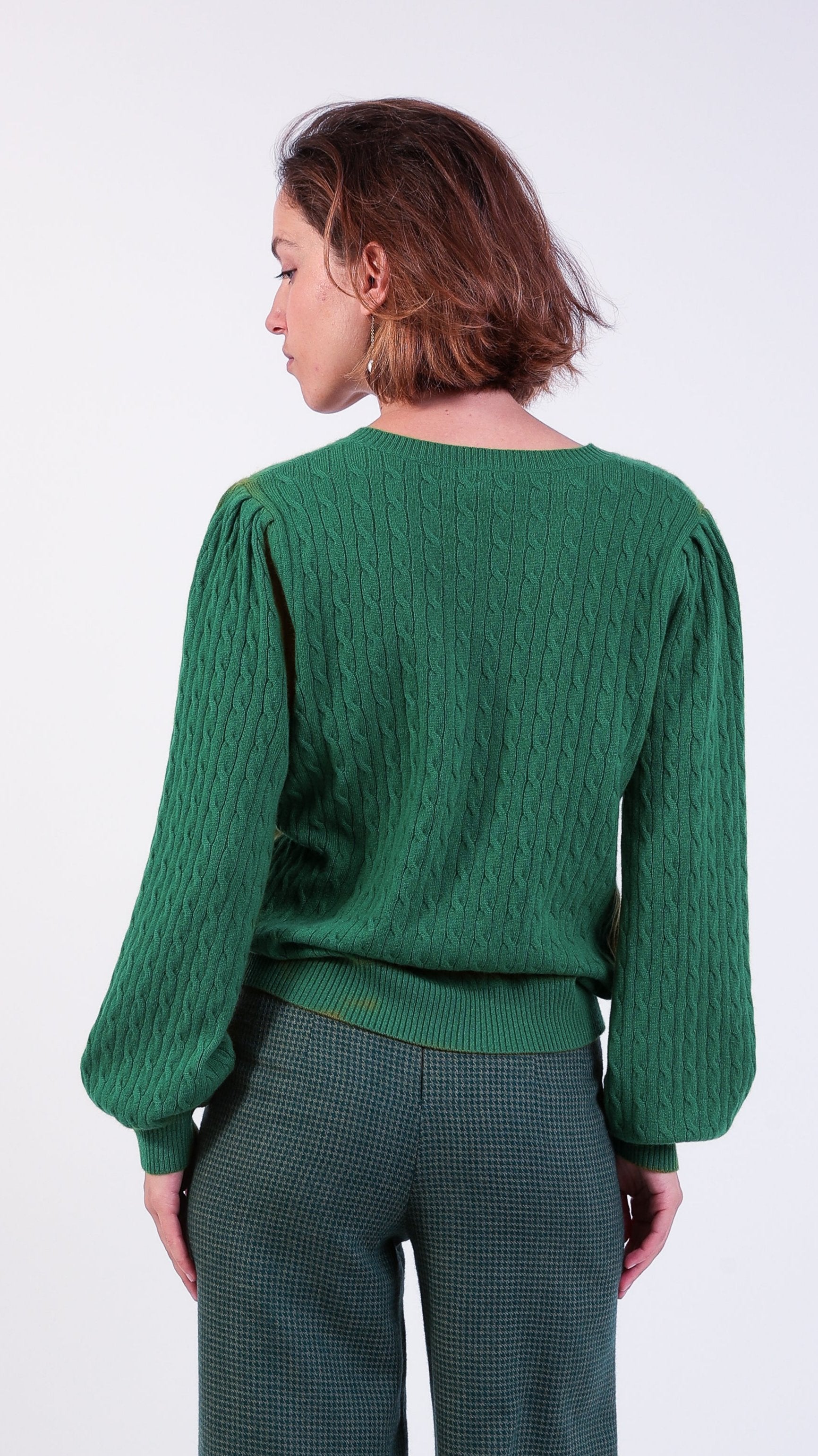 woman wearing VAAI green cable Knit Balloon Sleeve Jumper