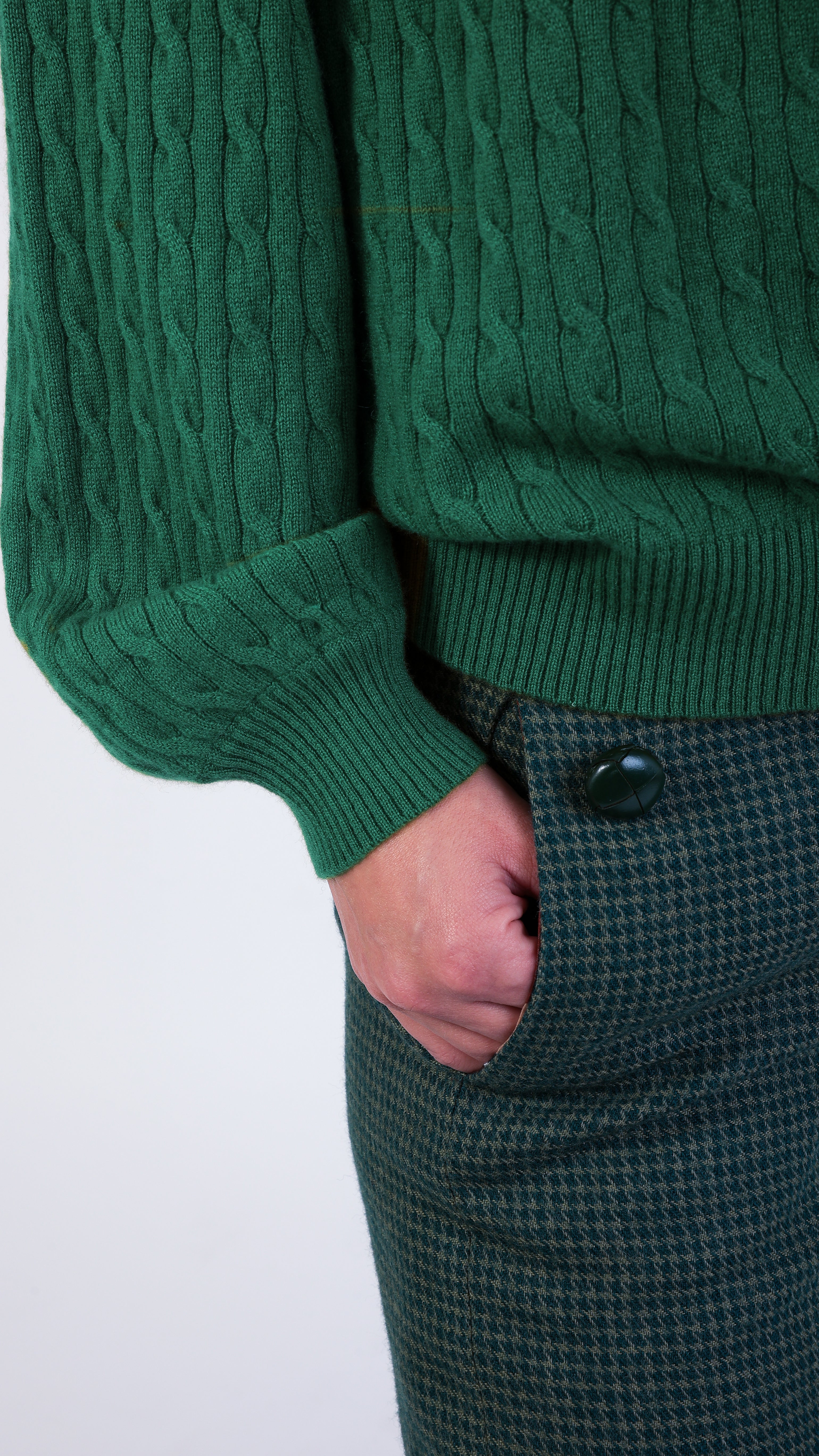 woman wearing VAAI green cable Knit Balloon Sleeve Jumper