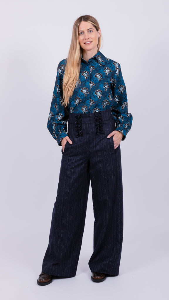 high waisted pinstripe navy pant for women