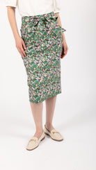 Floral Print below the knee midi denim skirt with belt and ruffle pocket