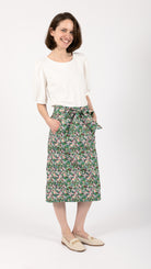 Floral Print below the knee midi denim skirt with belt and ruffle pocket