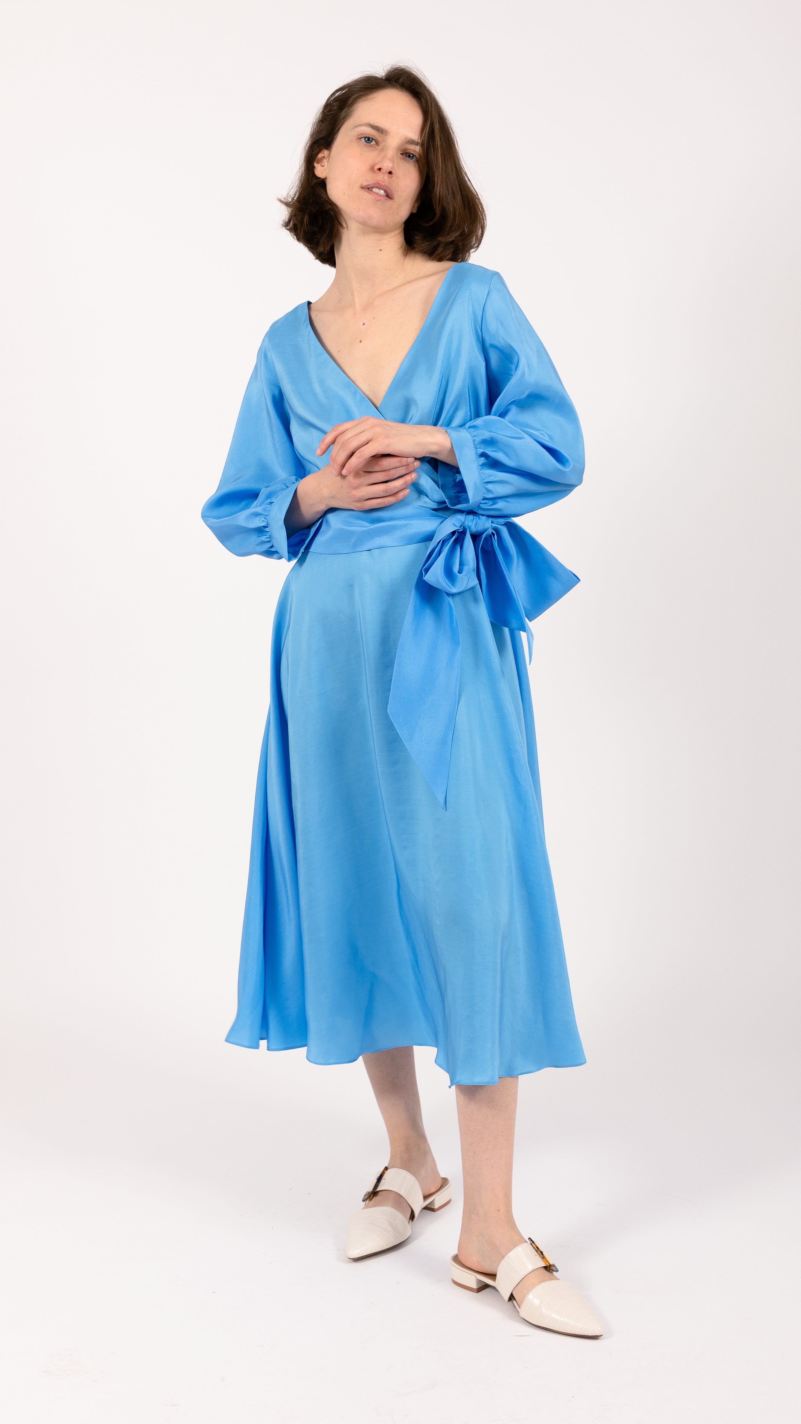 Chloe Wrap Over Silk Midi Dress Sky Blue