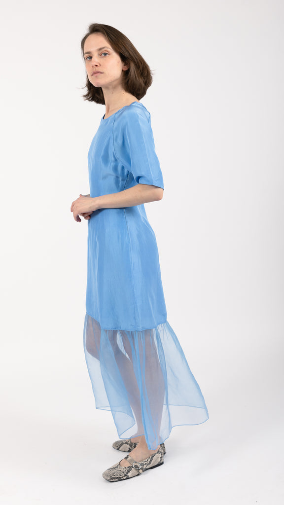 Blue silk organza shift dress