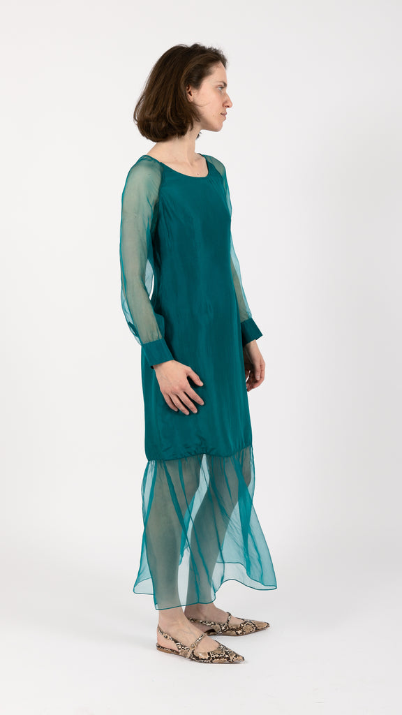 Green silk organza shift dress