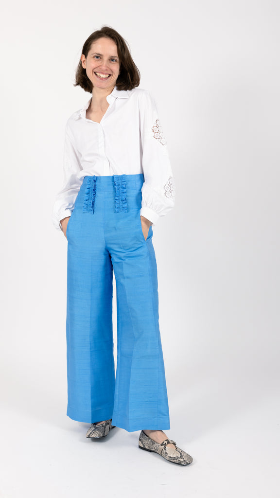 high waisted blue silk pant for women