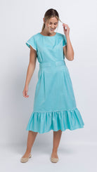 Embroidered aqua cotton midi dress