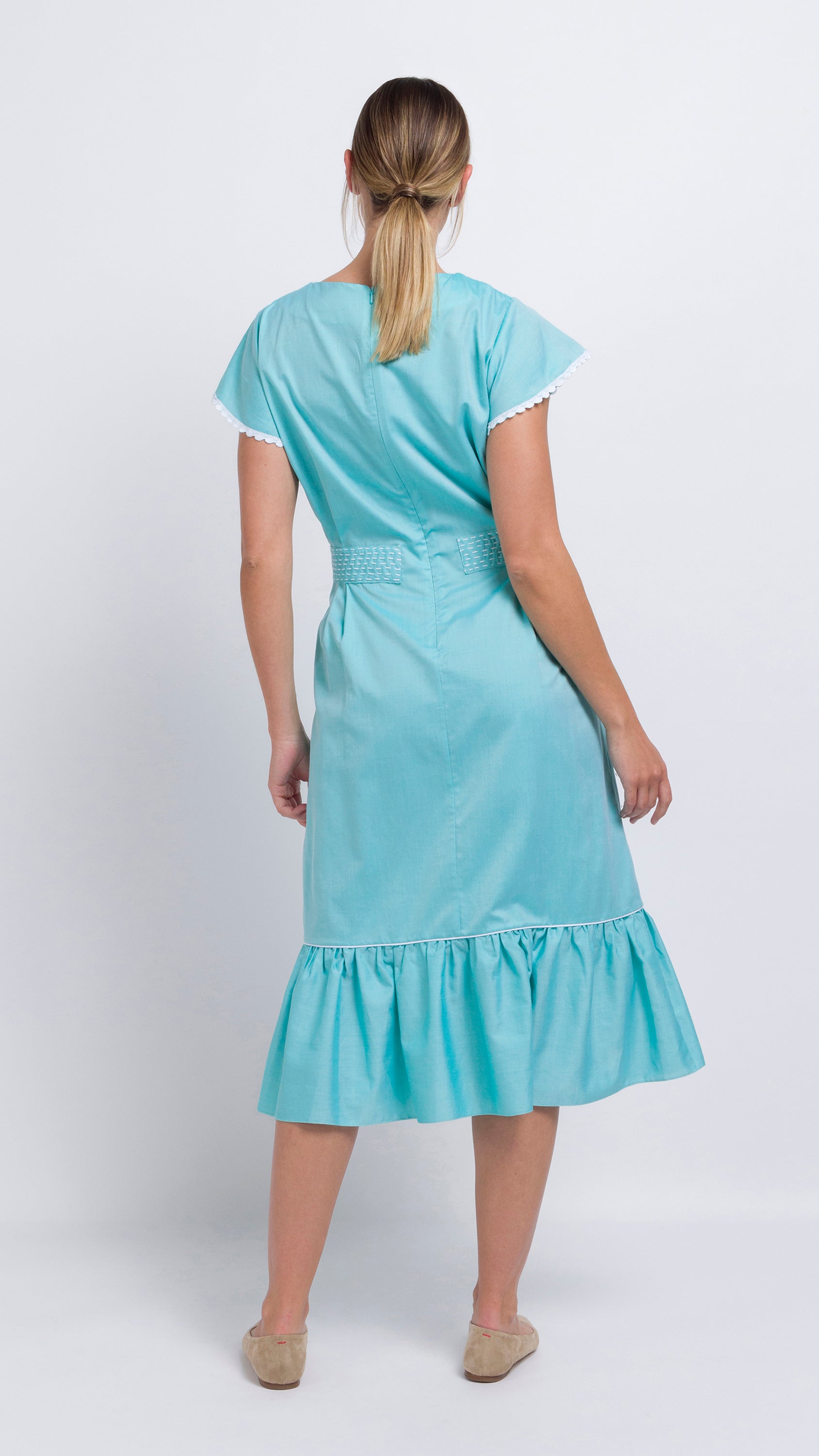 Embroidered aqua cotton midi dress