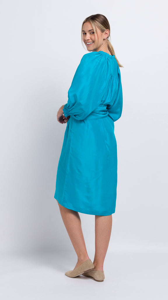 electric blue ruched sleeve silk knee length dress