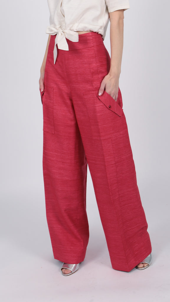 high waisted red silk cargo pant