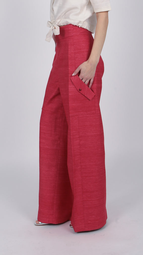 high waisted red silk cargo pant for women