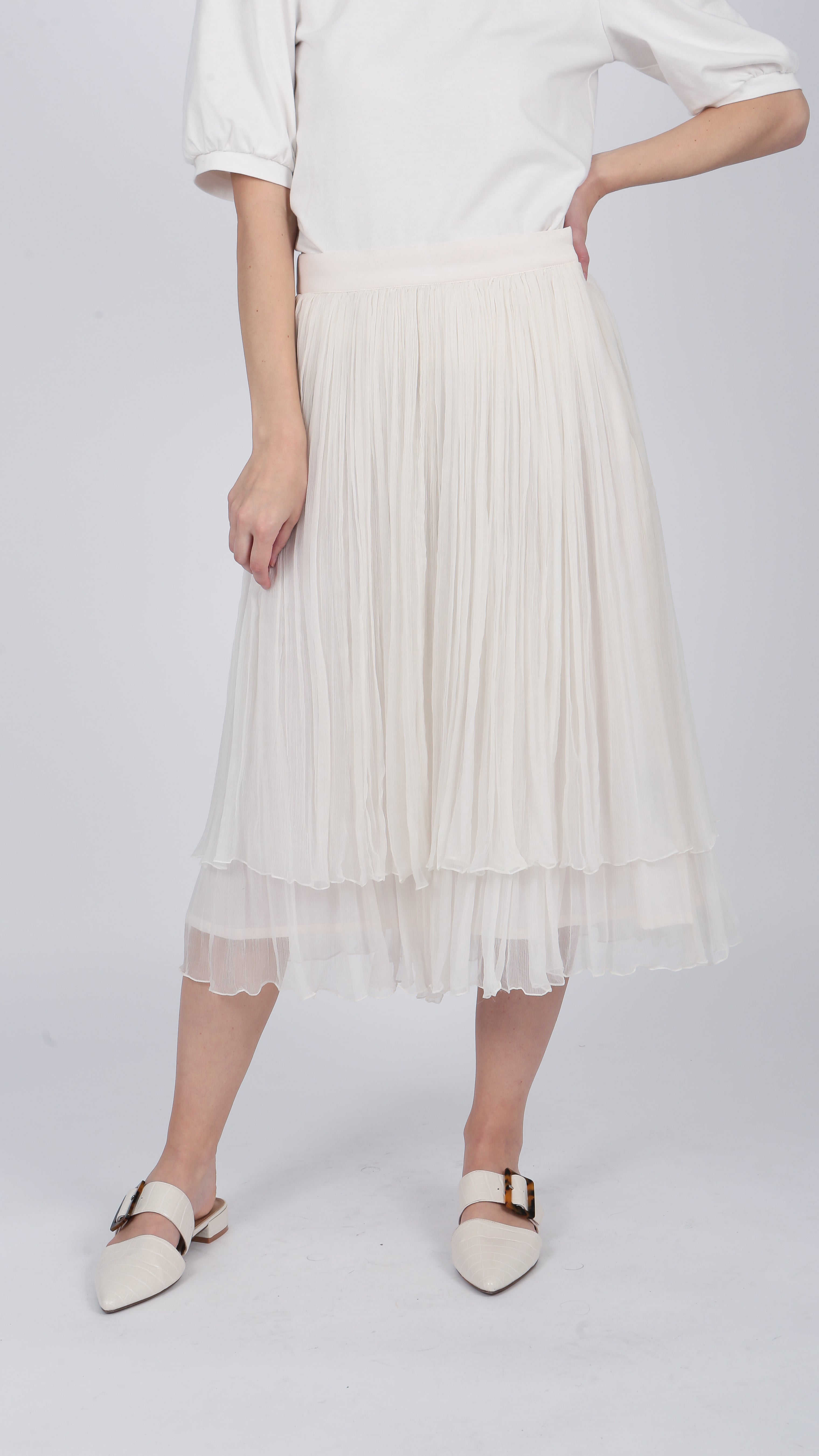 ivory Layered silk Chiffon Midi Skirt