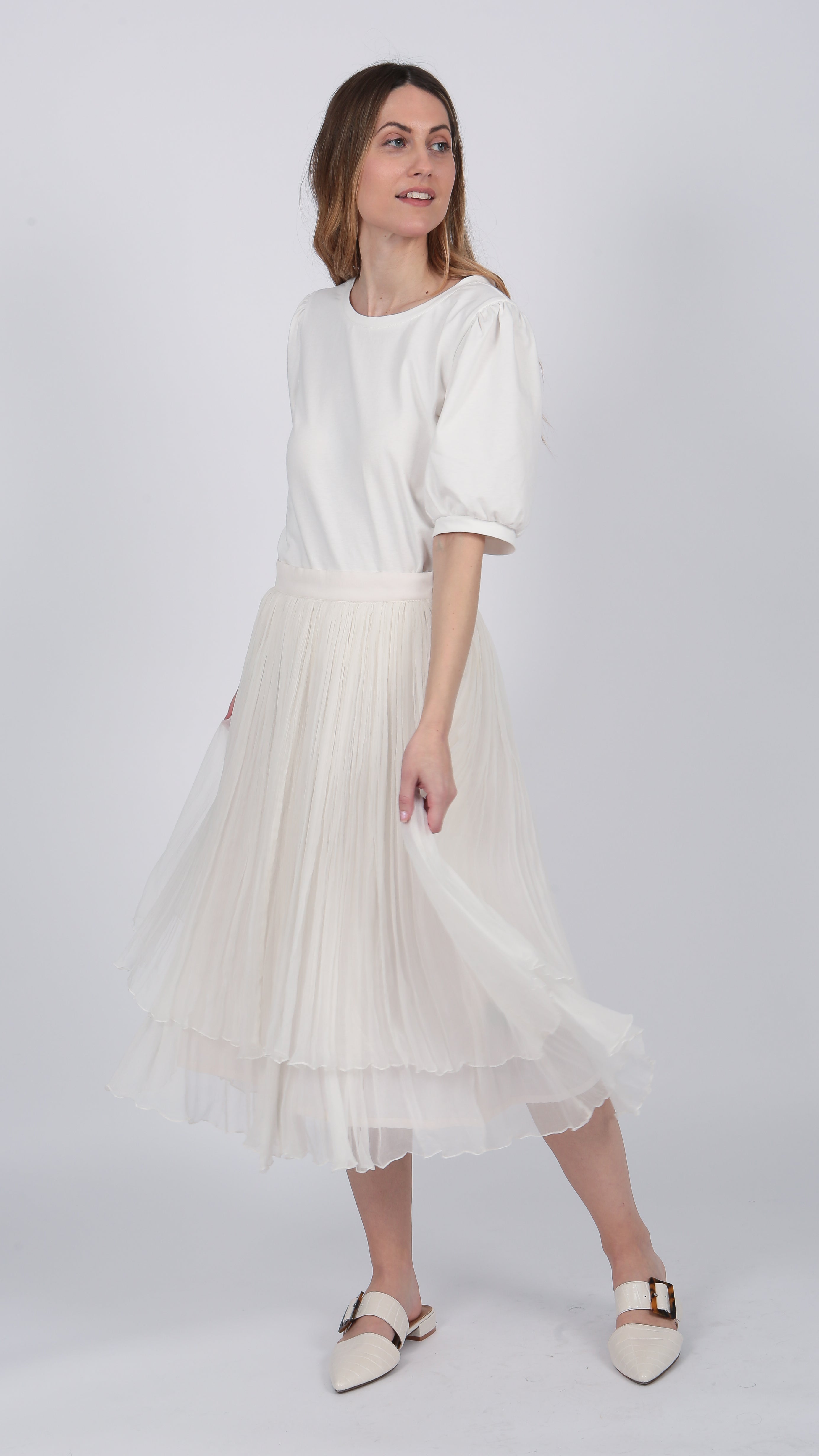 ivory Layered silk Chiffon Midi Skirt