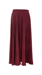 woman wearing VAAI burgundy silk maxi skirt