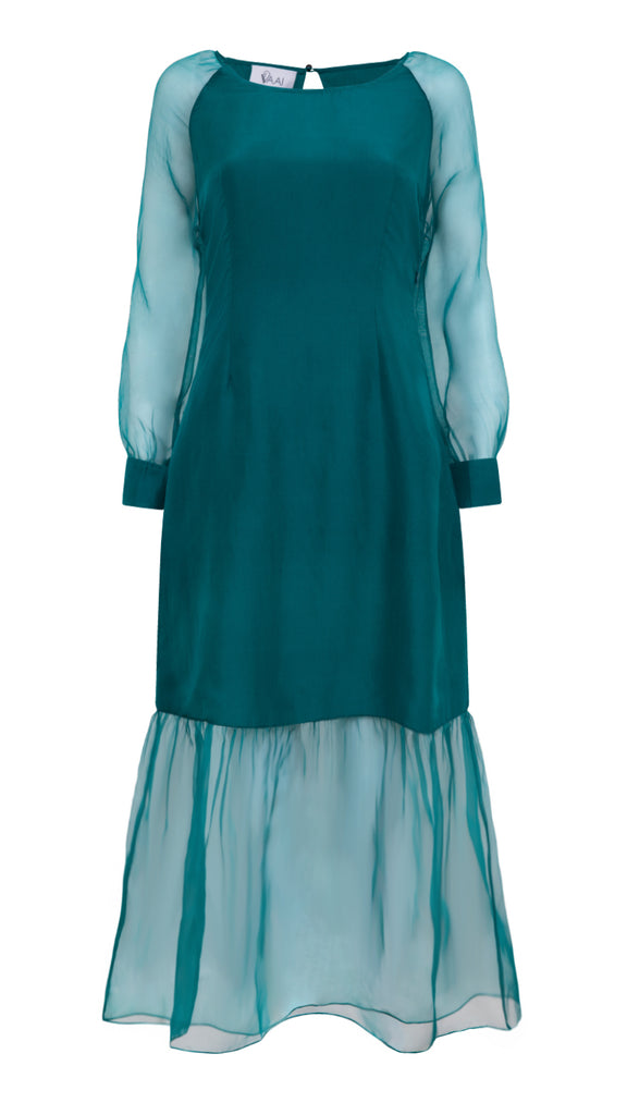 Green silk organza shift dress